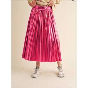 Merci sz S Y2K Hot Pink Shiny Metallic Pleated Midi Skirt Pull on Fully Lined